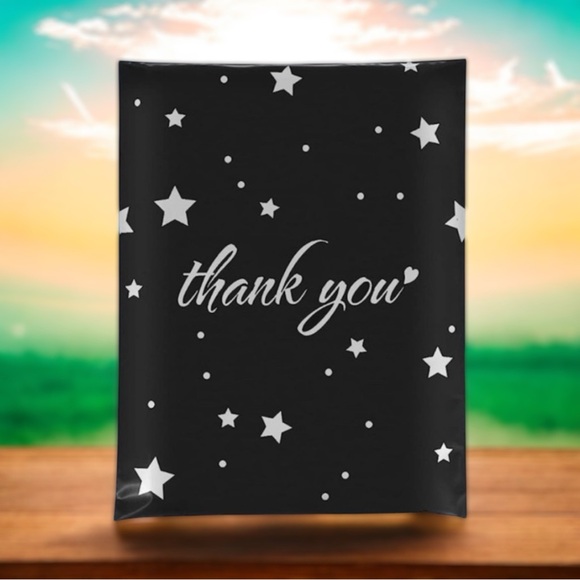 25 10X13 Poly Mailers Black & Silver Stars Thank You Flat Mailers PRICE IS FIRM - Picture 2 of 7